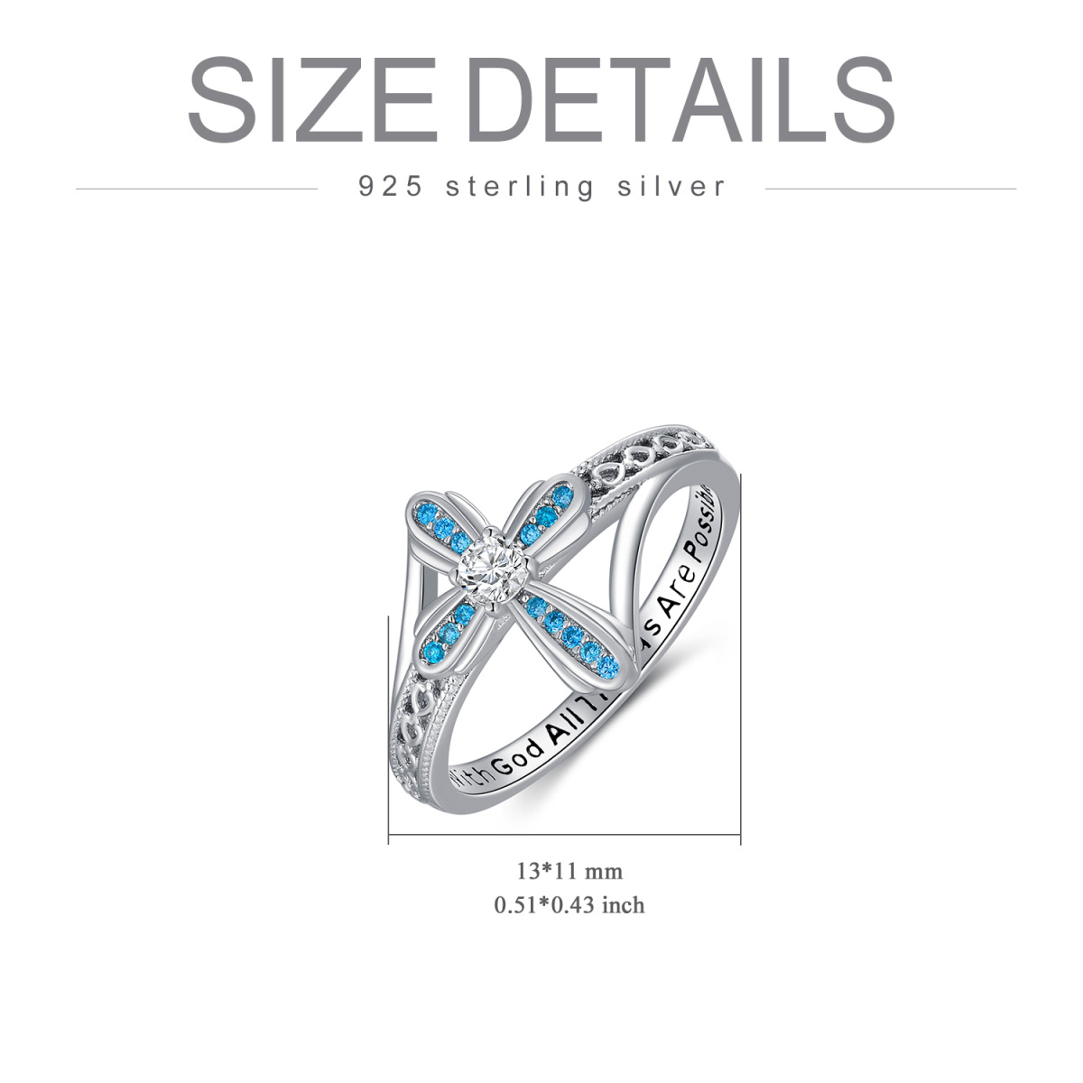 Sterling Silver Circular Shaped Cubic Zirconia Cross Ring with Engraved Word-5