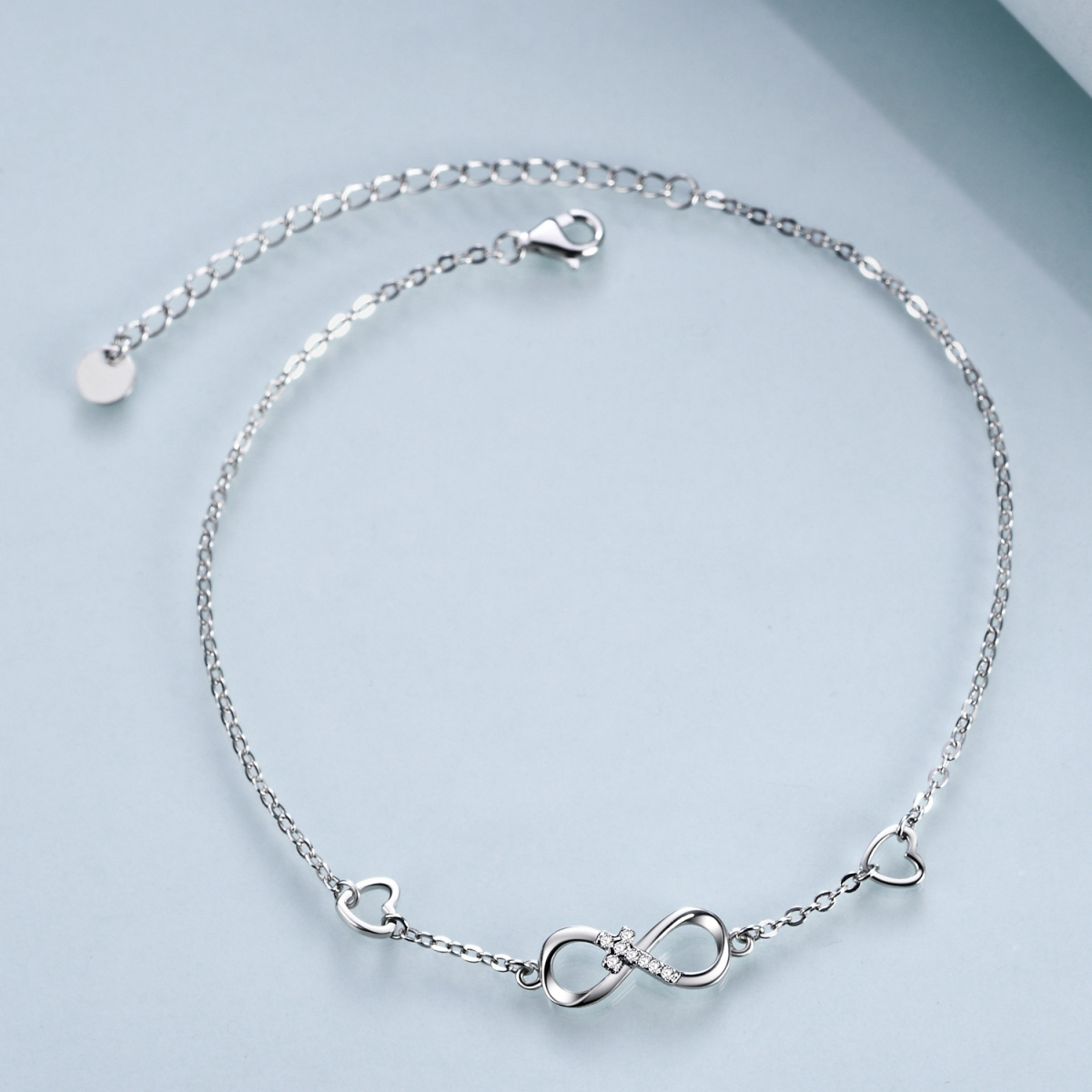 Sterling Silver Circular Shaped Cubic Zirconia Cross Single Layer Anklet-3