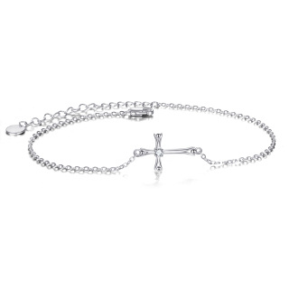 Sterling Silver Circular Shaped Cubic Zirconia Cross Single Layer Anklet-59