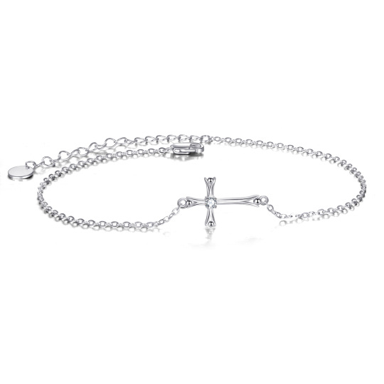 Sterling Silver Circular Shaped Cubic Zirconia Cross Single Layer Anklet