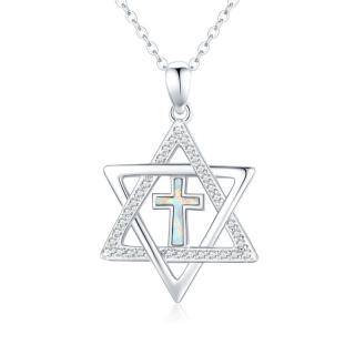 Sterling Silver Circular Shaped Cubic Zirconia Cross & Star Of David Pendant Necklace-30