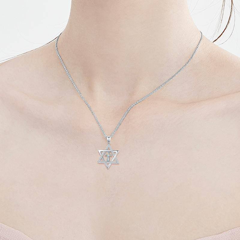 Sterling Silver Circular Shaped Cubic Zirconia Cross & Star Of David Pendant Necklace-2