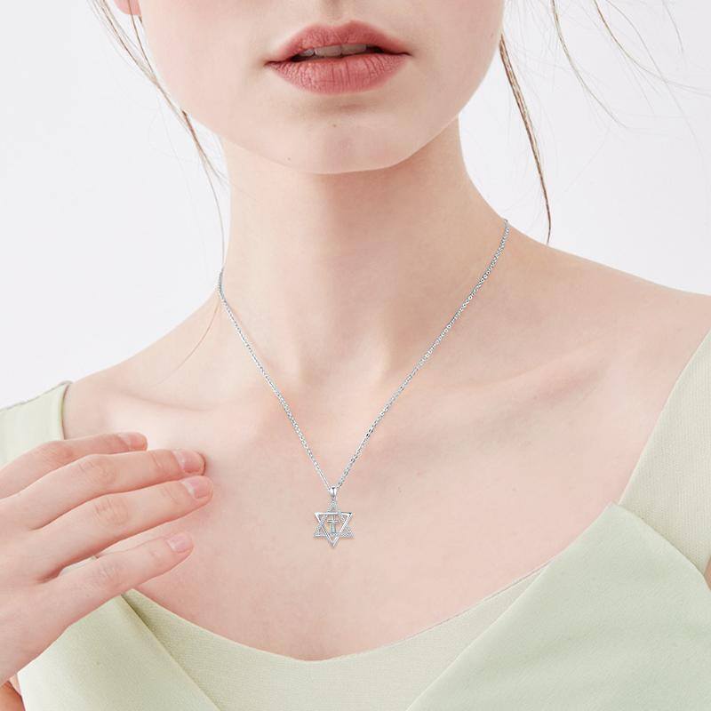 Collana con ciondolo a forma di croce e stella di Davide in argento sterling a forma di cerchio con zirconi cubici-3