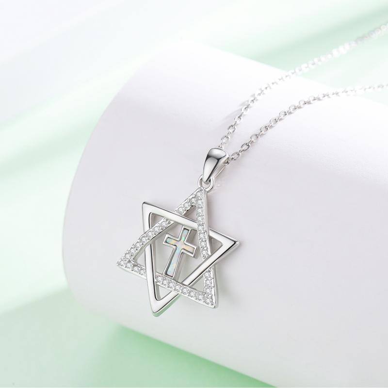 Sterling Silver Circular Shaped Cubic Zirconia Cross & Star Of David Pendant Necklace-4