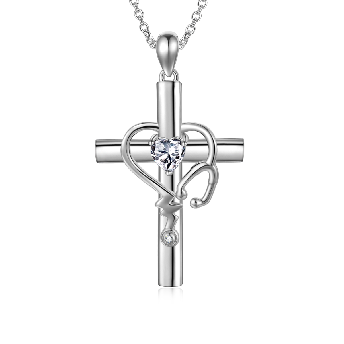 Sterling Silver Circular Shaped Cubic Zirconia Cross & Stethoscope Pendant Necklace-1