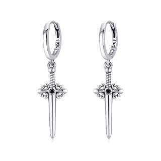 Sterling Silver Circular Shaped Cubic Zirconia Cross & Sword Drop Earrings-3