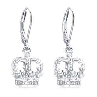 Sterling Silver Circular Shaped Cubic Zirconia Crown Lever-back Earrings-43