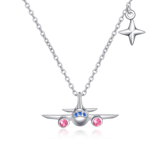 Sterling Silver Circular Shaped Crystal Airplane & Star Pendant Necklace-57