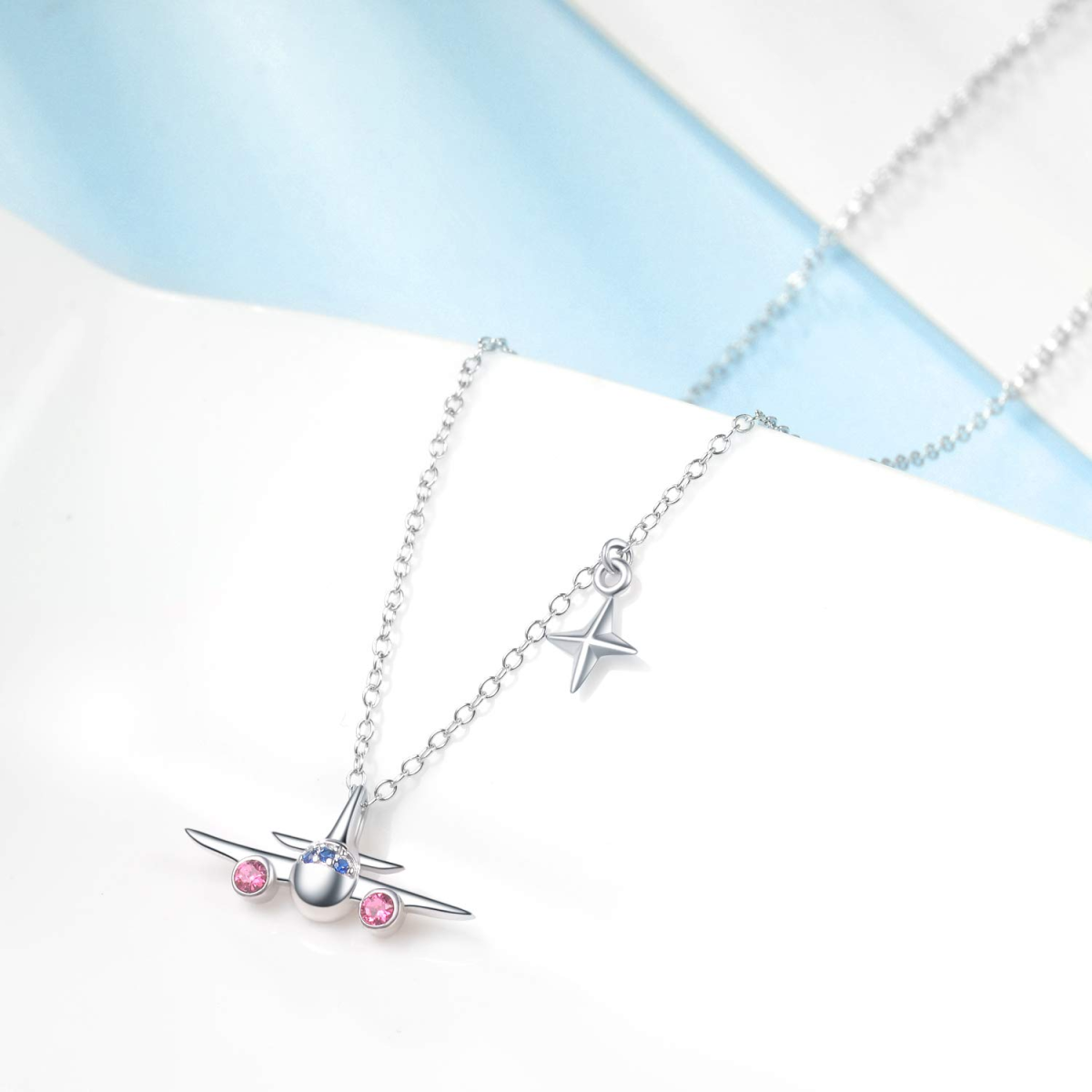 Sterling Silver Circular Shaped Crystal Airplane & Star Pendant Necklace-3