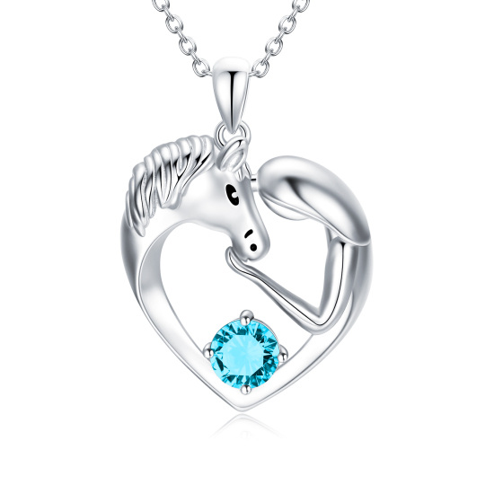 Sterling Silver Circular Blue Crystal Horse Heart Necklace for Women Kids