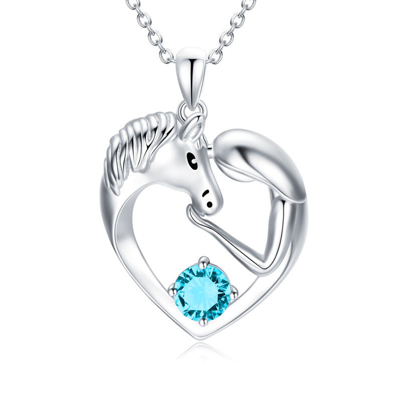 Sterling Silver Circular Blue Crystal Horse Heart Necklace for Women Kids-15
