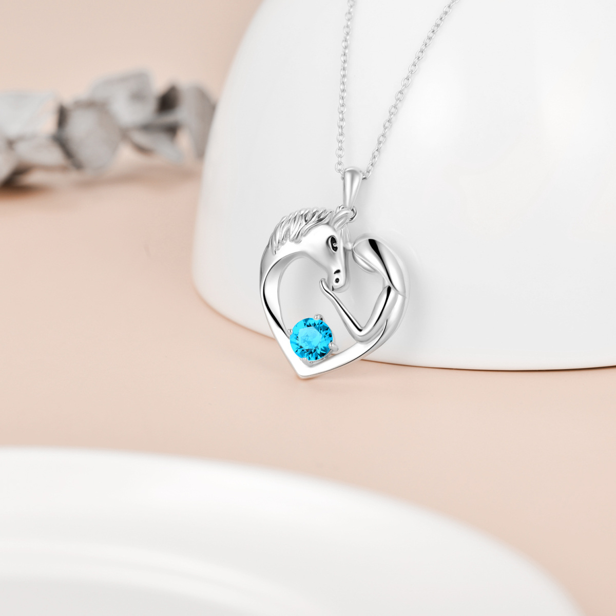 Colar circular de prata esterlina com coração de cavalo e cristal azul para mulheres e crianças-4