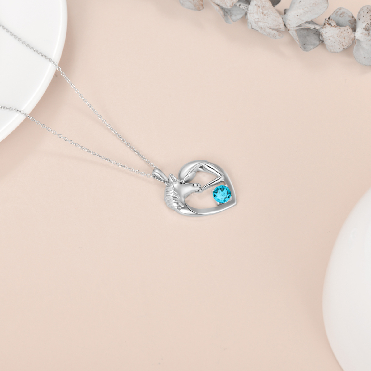 Colar circular de prata esterlina com coração de cavalo e cristal azul para mulheres e crianças-5