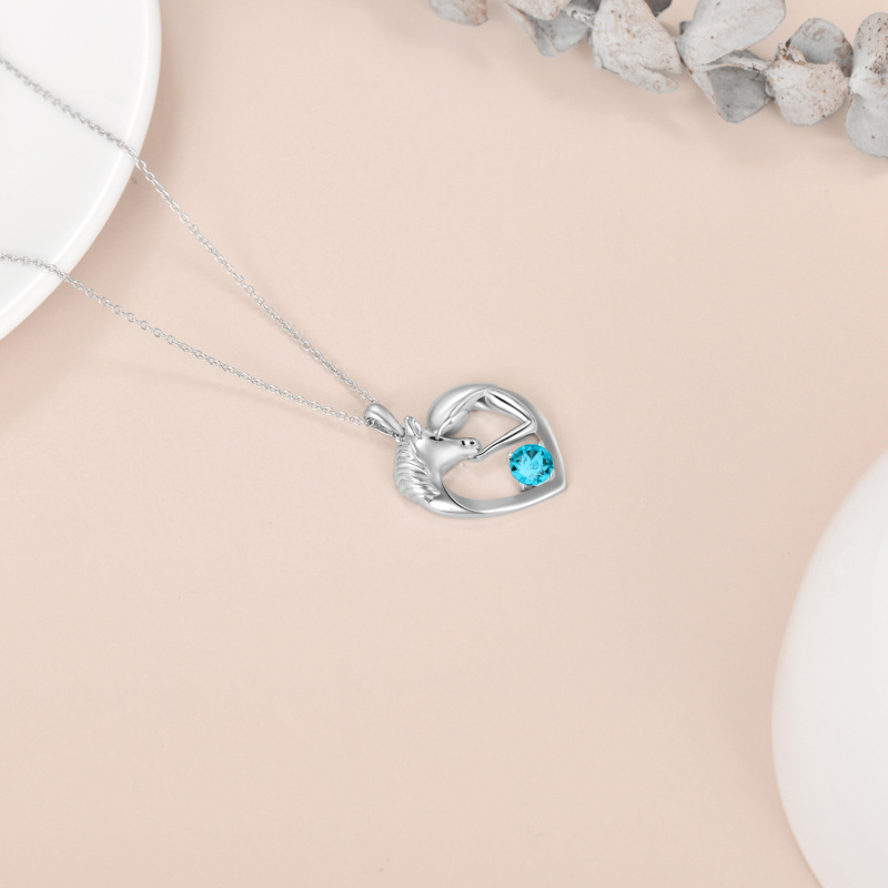 Collana con cuore di cavallo in cristallo blu circolare in argento sterling per donne e bambini-5