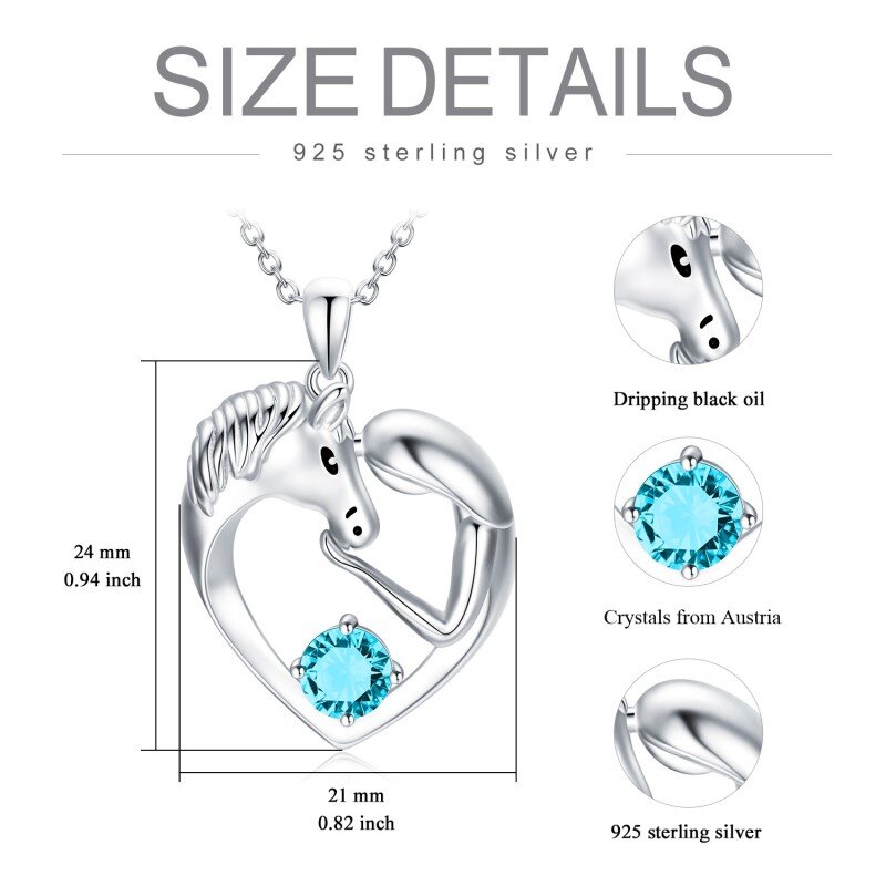 Collana con cuore di cavallo in cristallo blu circolare in argento sterling per donne e bambini-6