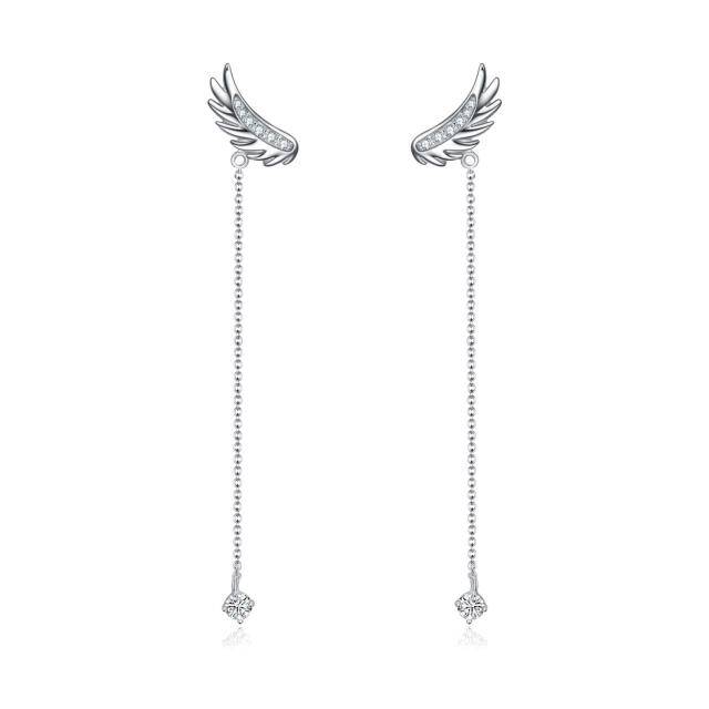 Sterling Silver Circular Shaped Crystal Angel Wing Drop Earrings