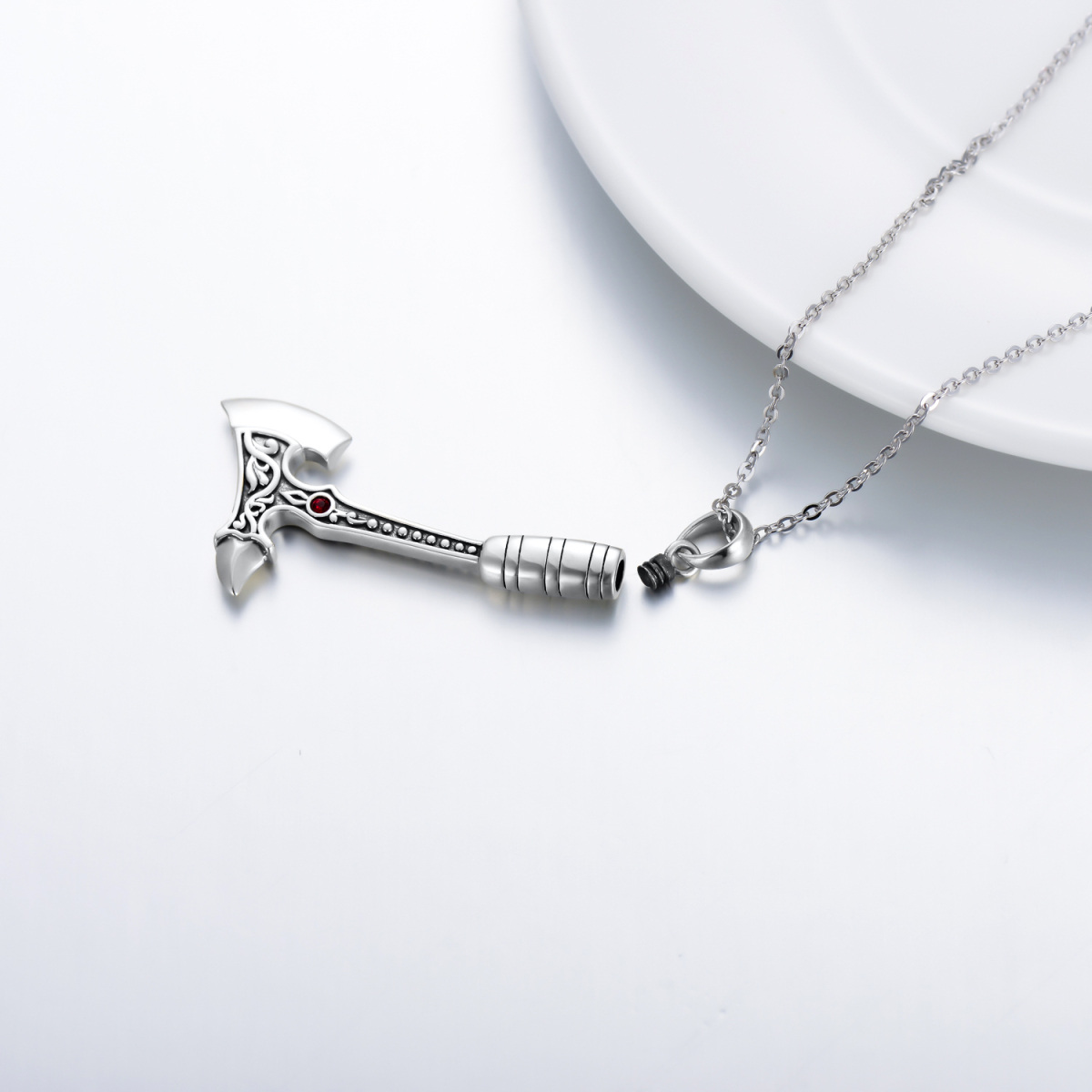 Sterling Silver Circular Shaped Crystal Axe Urn Necklace for Ashes-5