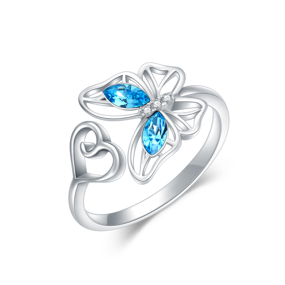 Sterling Silver Round Shaped Crystal & Cubic Zirconia Butterfly Open Ring-1