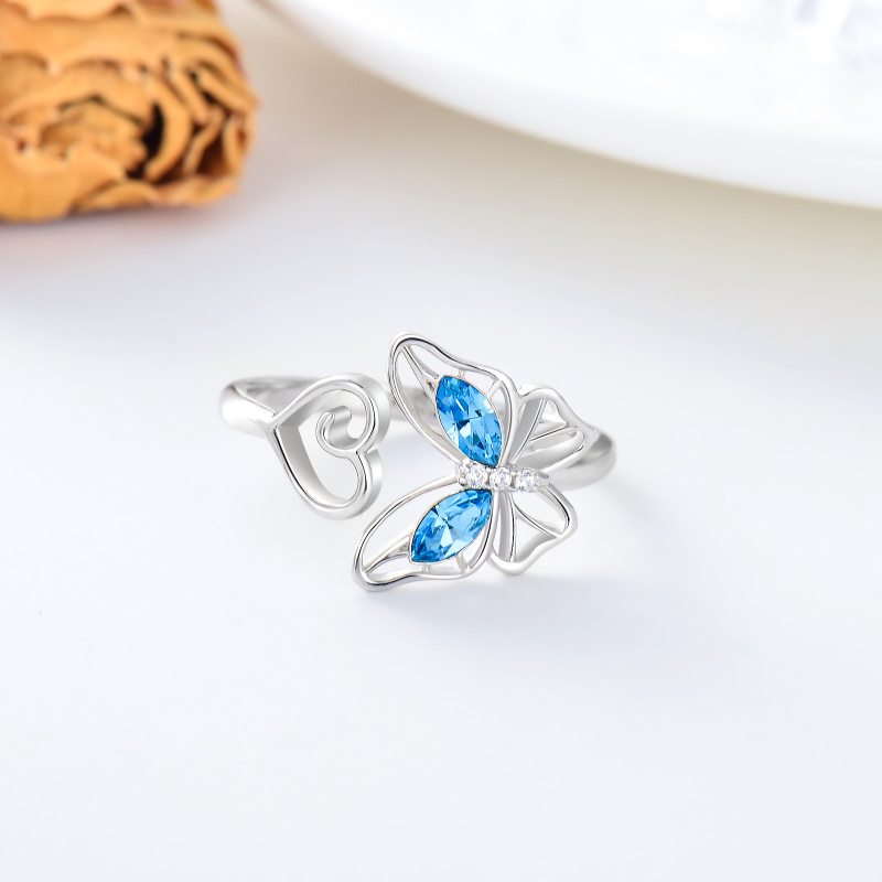 Sterling Silver Round Shaped Crystal & Cubic Zirconia Butterfly Open Ring-3