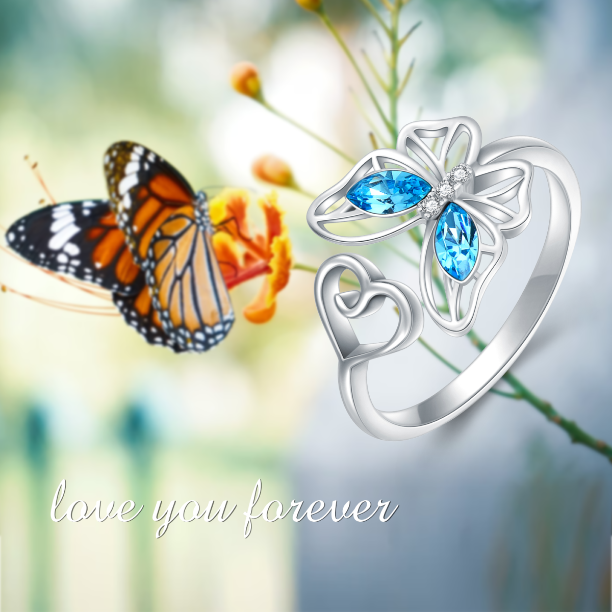 Bague ouverte en argent sterling en forme de papillon en cristal et zircon cubique-4