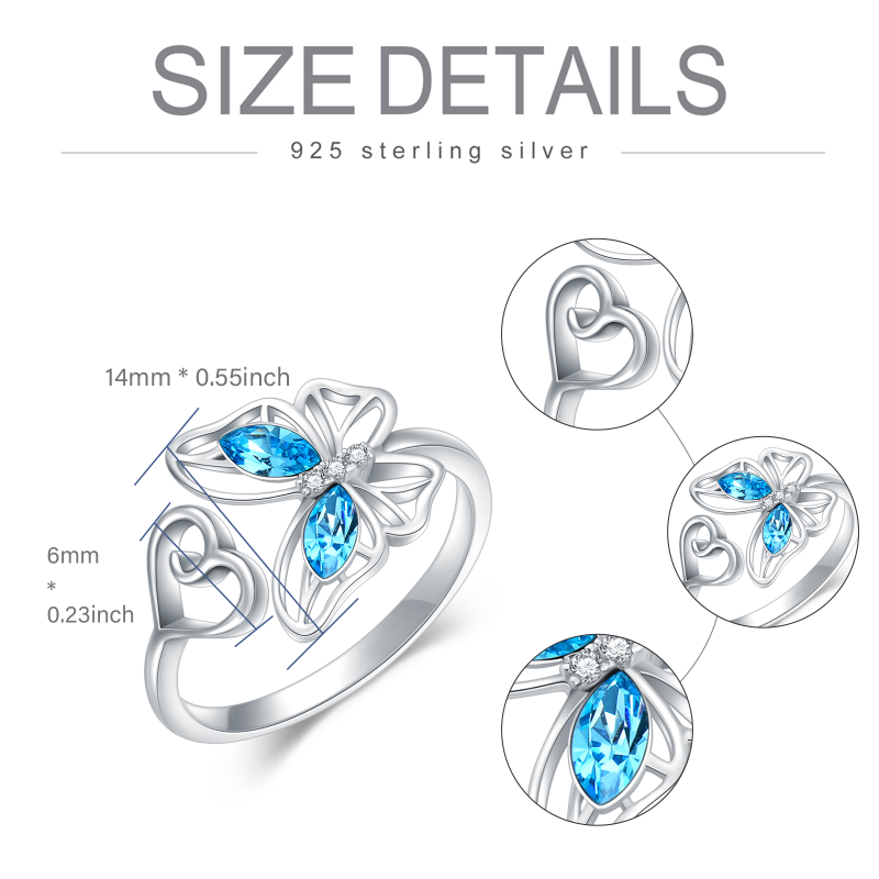 Sterling Silver Round Shaped Crystal & Cubic Zirconia Butterfly Open Ring-5