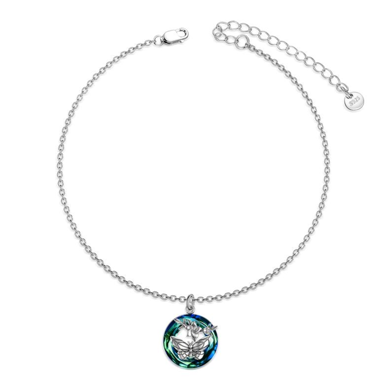 Tornozeleira de prata esterlina em forma circular de cristal borboleta de camada única-7