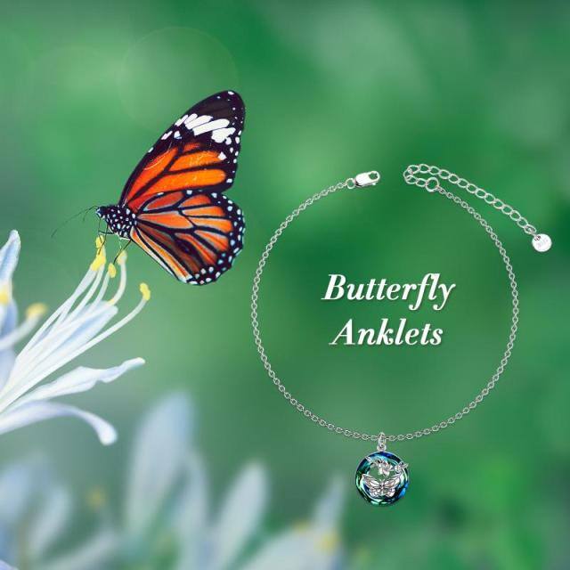 Sterling Silver Circular Shaped Crystal Butterfly Single Layer Anklet-6