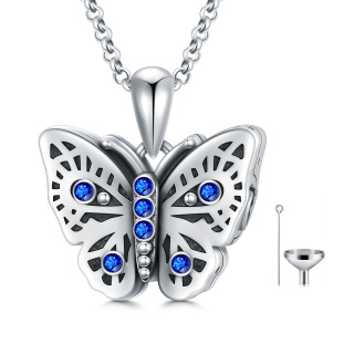 Sterling Silver Circular Shaped Crystal Butterfly Urn Necklace for Ashes with Engraved Word-16