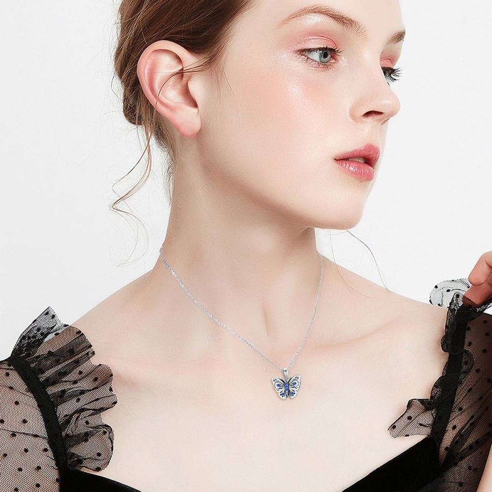 Sterling Silver Circular Shaped Crystal Butterfly Urn Necklace for Ashes with Engraved Word-2