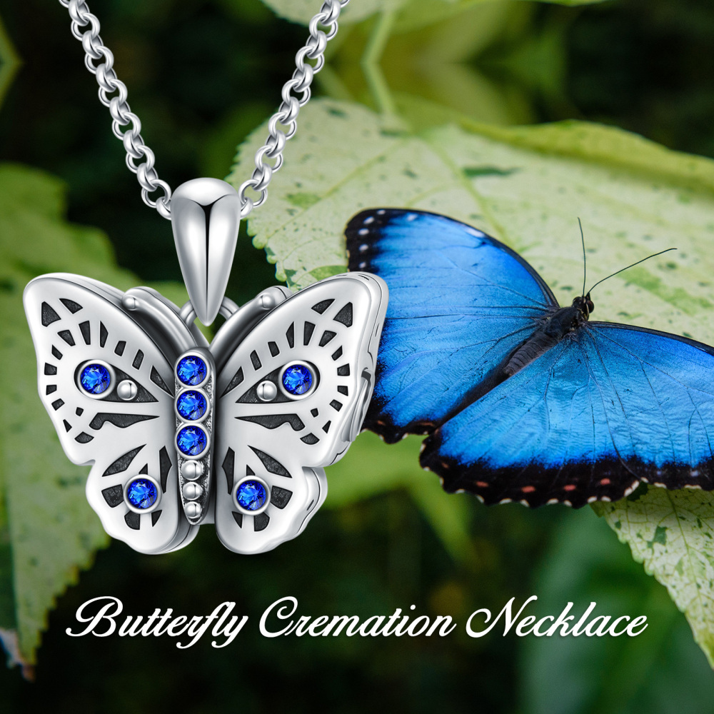 Sterling Silver Circular Shaped Crystal Butterfly Urn Necklace for Ashes with Engraved Word-4