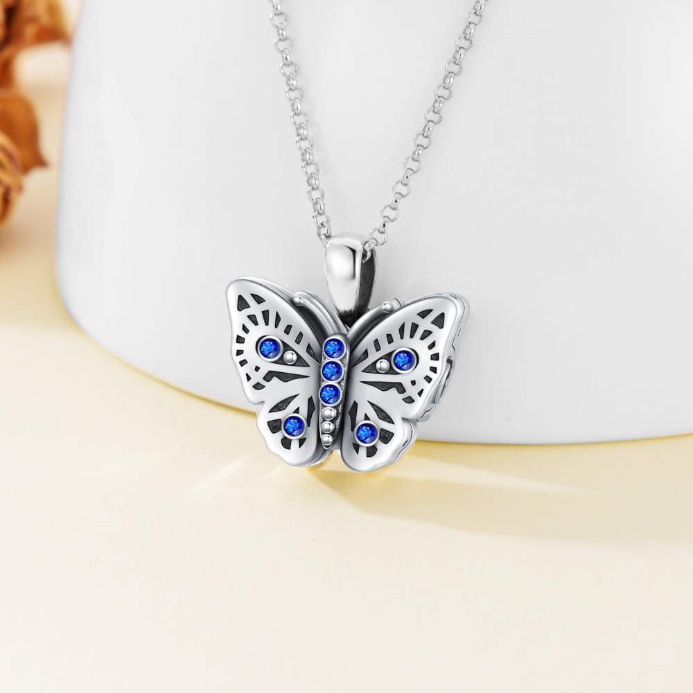 Sterling Silver Circular Shaped Crystal Butterfly Urn Necklace for Ashes with Engraved Word-5