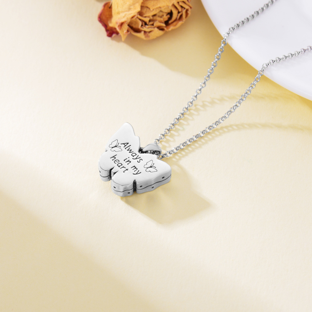 Sterling Silver Circular Shaped Crystal Butterfly Urn Necklace for Ashes with Engraved Word-6