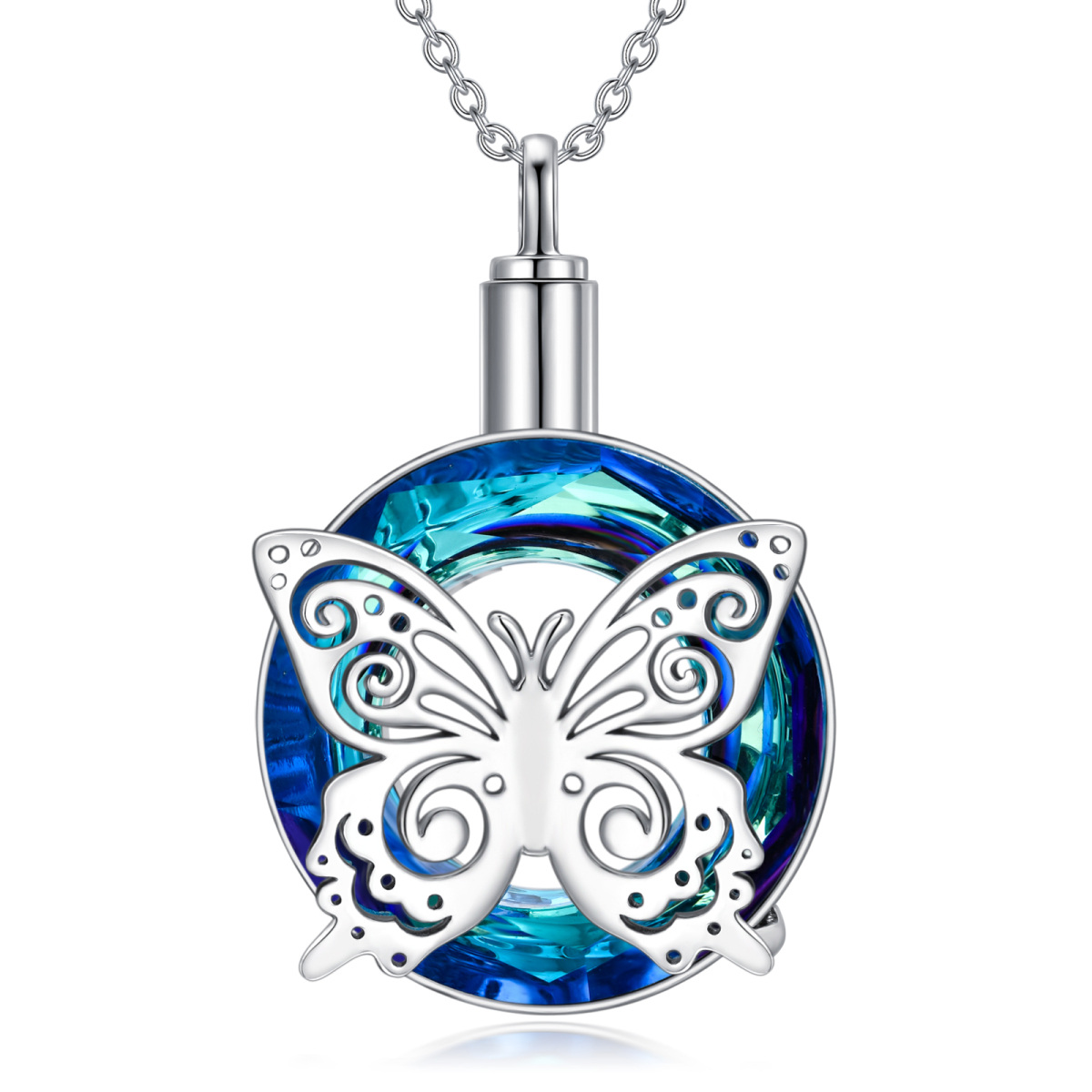 Sterling zilveren cirkelvormige kristal Butterfly Urn ketting voor as-1