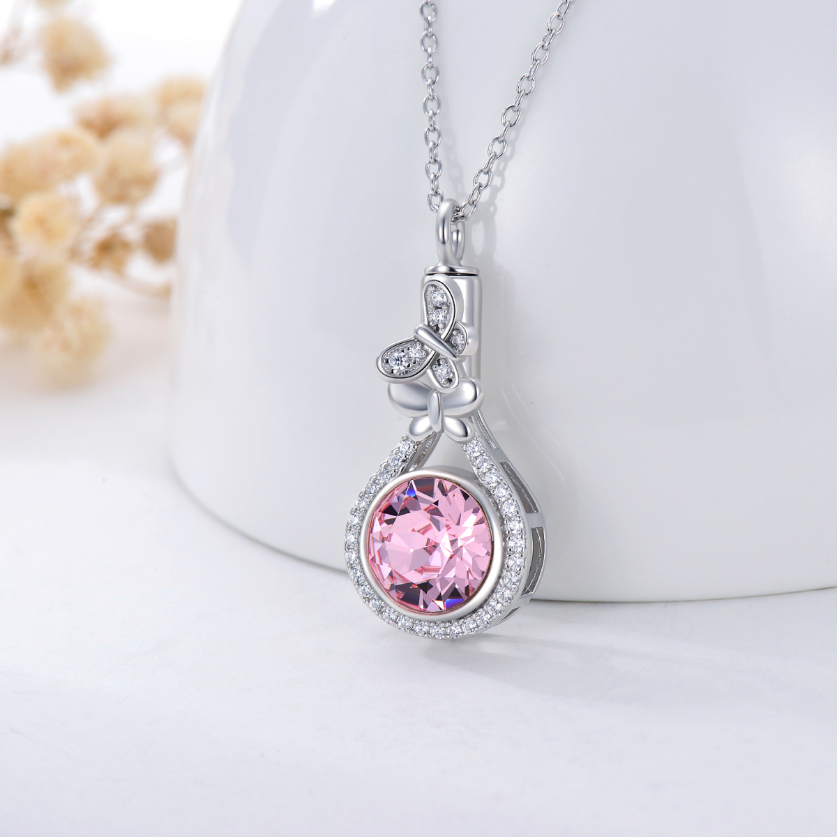 Sterling zilveren cirkelvormige kristal Butterfly Urn ketting voor as-3