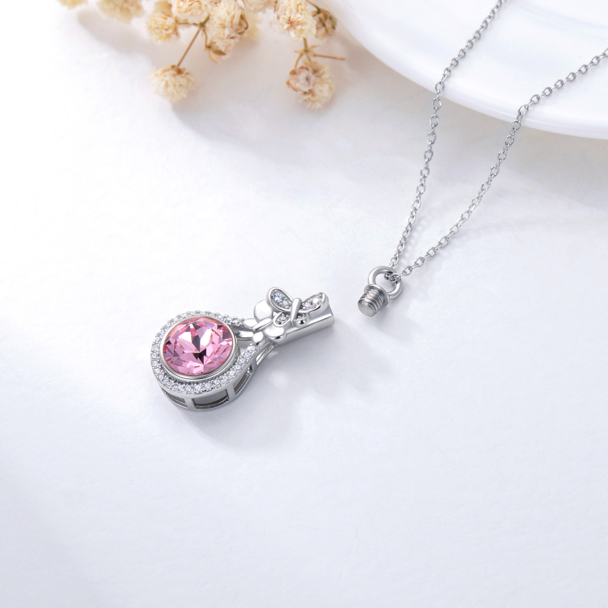 Sterling zilveren cirkelvormige kristal Butterfly Urn ketting voor as-4