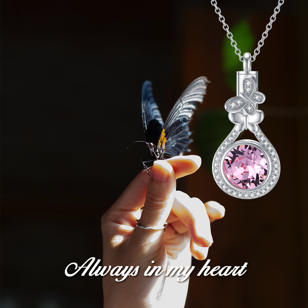 Sterling zilveren cirkelvormige kristal Butterfly Urn ketting voor as-5