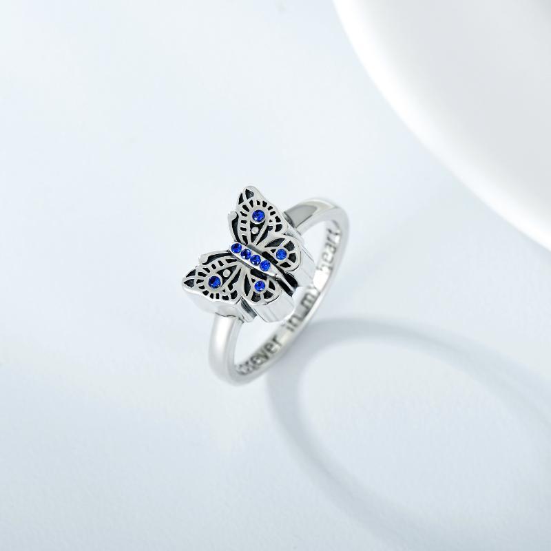 Sterling Silver Round Shaped Crystal Butterfly Urn Ring with Engraved Word-3