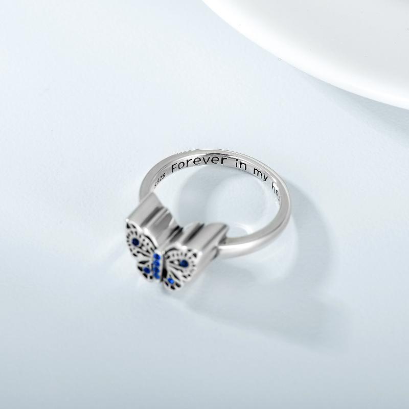 Sterling Silver Round Shaped Crystal Butterfly Urn Ring with Engraved Word-5