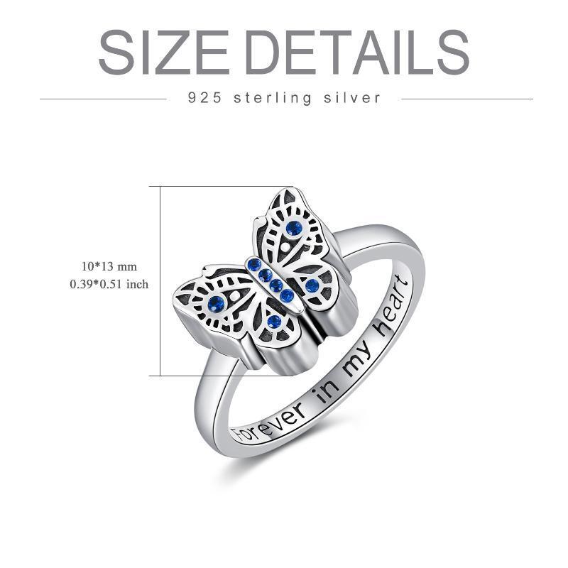 Sterling Silver Round Shaped Crystal Butterfly Urn Ring with Engraved Word-6