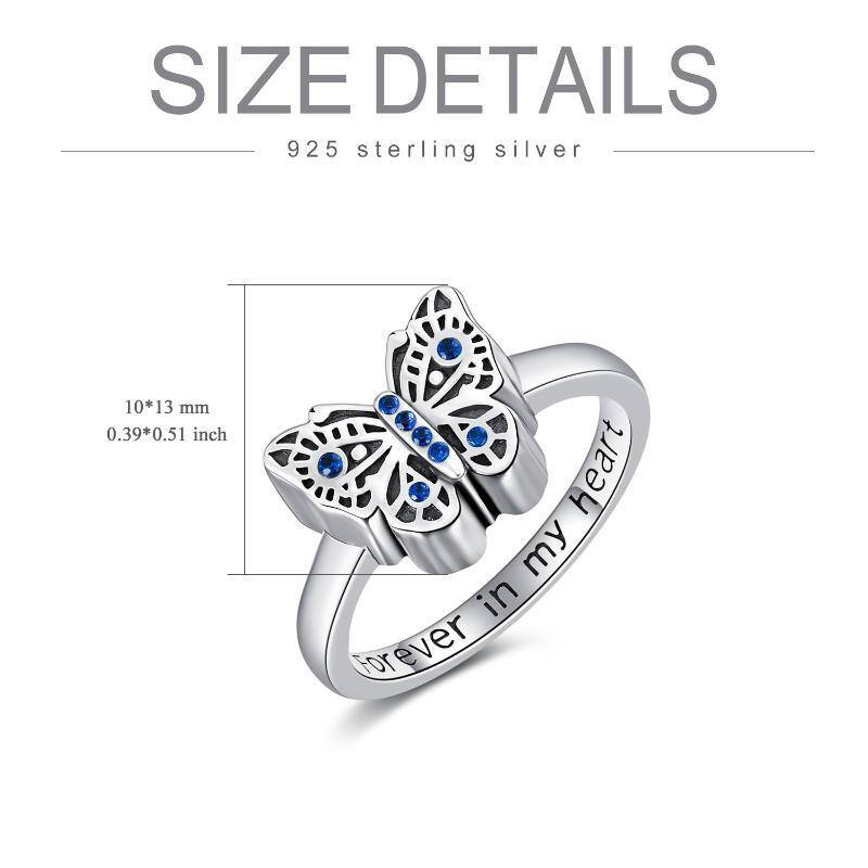 Sterling Silver Circular Shaped Crystal Butterfly Urn Ring with Engraved Word-6