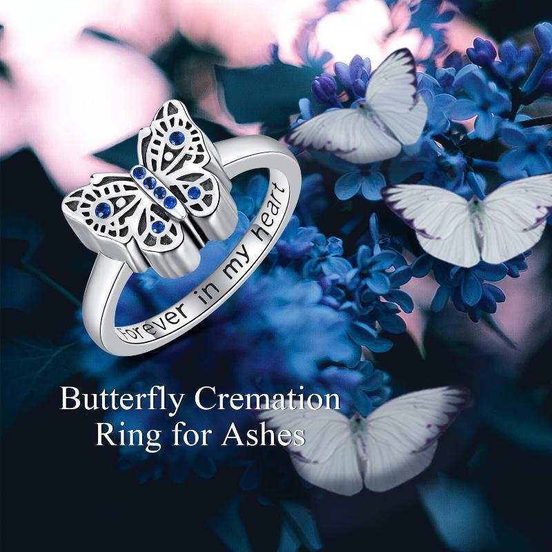 Sterling Silver Round Shaped Crystal Butterfly Urn Ring with Engraved Word-7