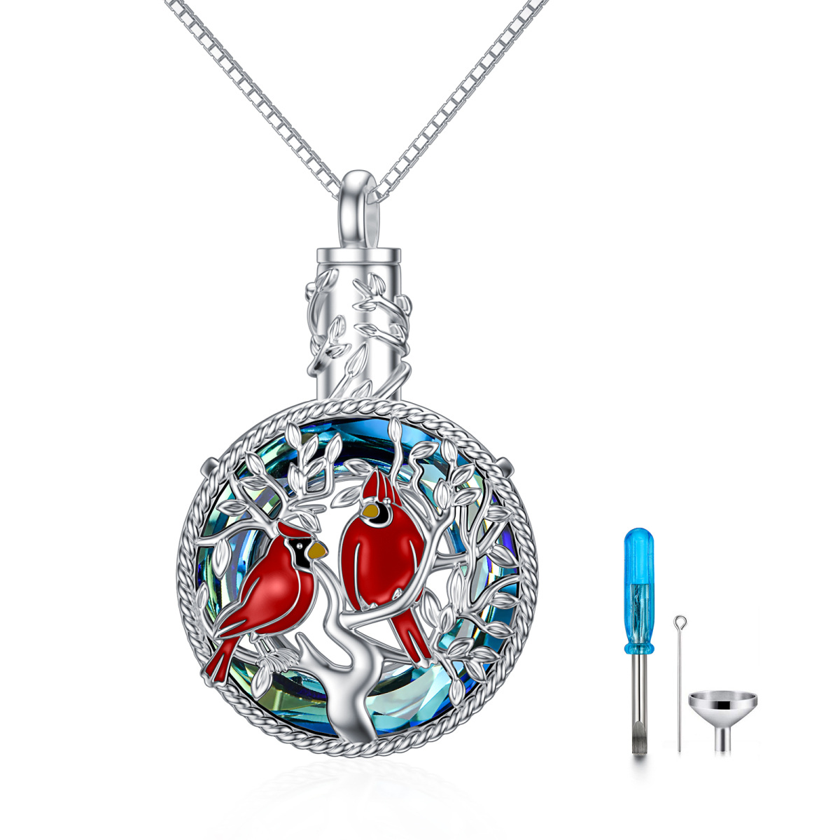 Collana con urna in argento sterling a forma di cerchio con cardinale e albero della vita per le ceneri-1