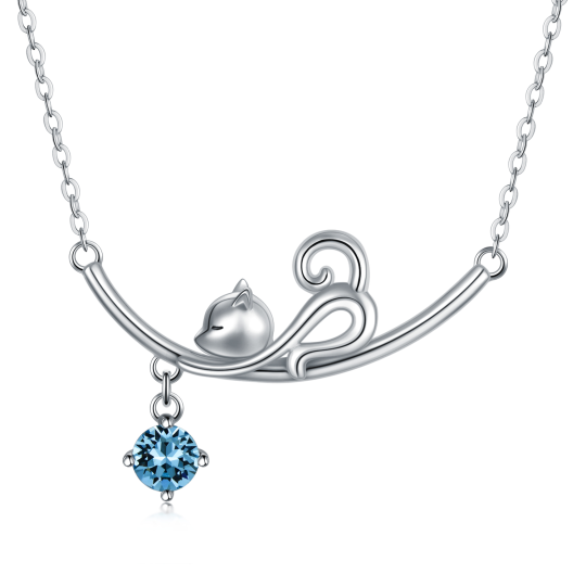 Sterling Silver Circular Shaped Crystal Cat & Heart Pendant Necklace