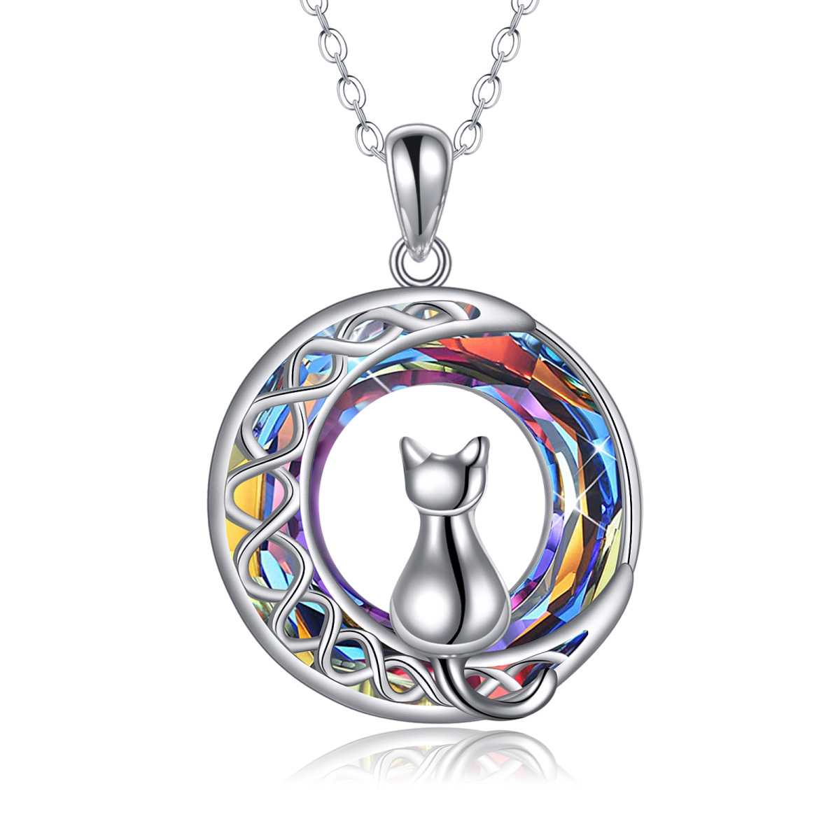 Sterling Silver Circular Shaped Crystal Cat & Moon Pendant Necklace-1