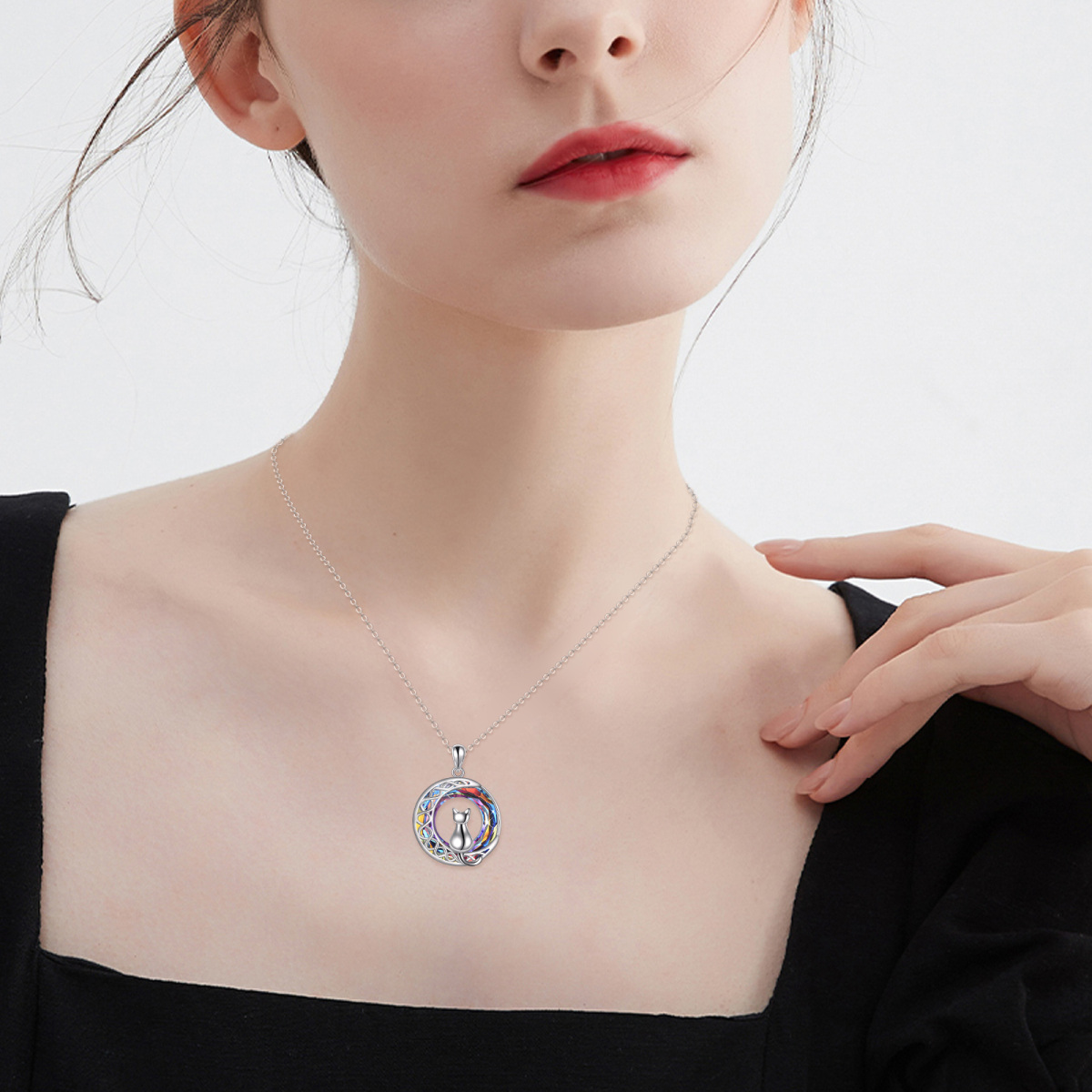 Sterling Silver Cat & Moon Crystal Pendant Necklace for Women-2