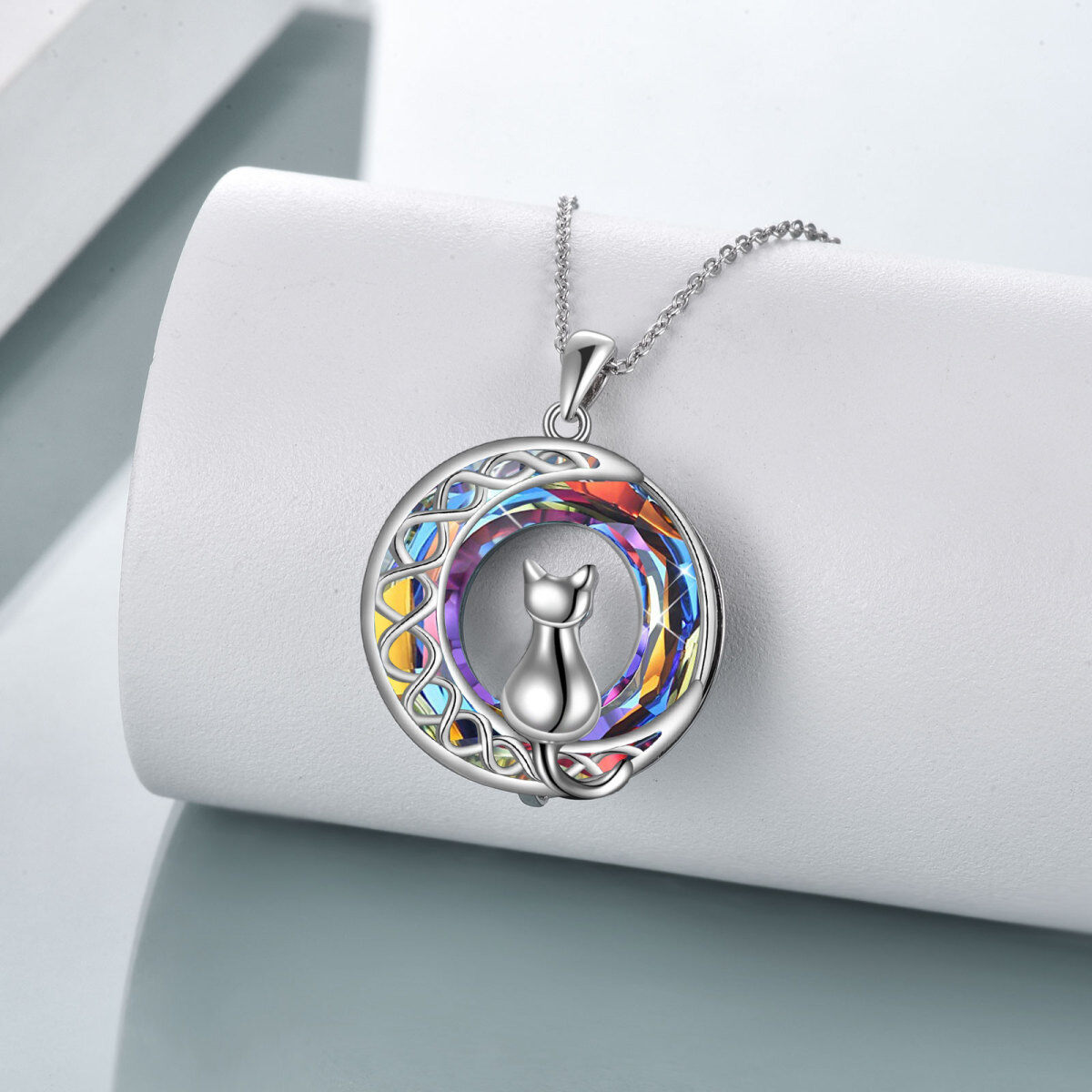 Sterling Silver Cat & Moon Crystal Pendant Necklace for Women-3