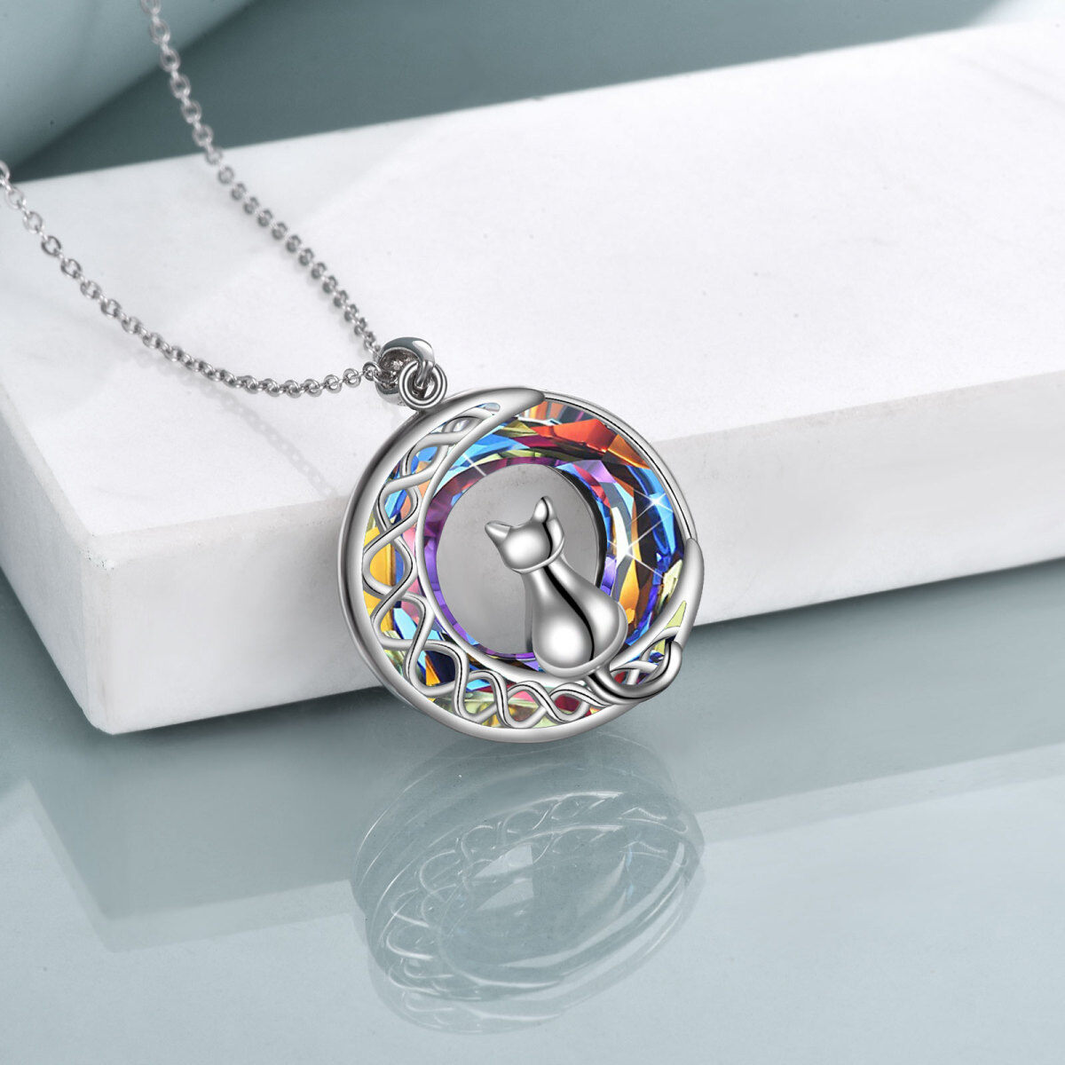 Sterling Silver Cat & Moon Crystal Pendant Necklace for Women-4