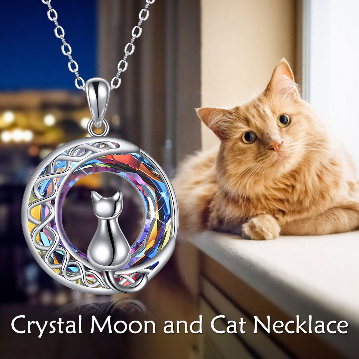 Sterling Silver Cat & Moon Crystal Pendant Necklace for Women-6