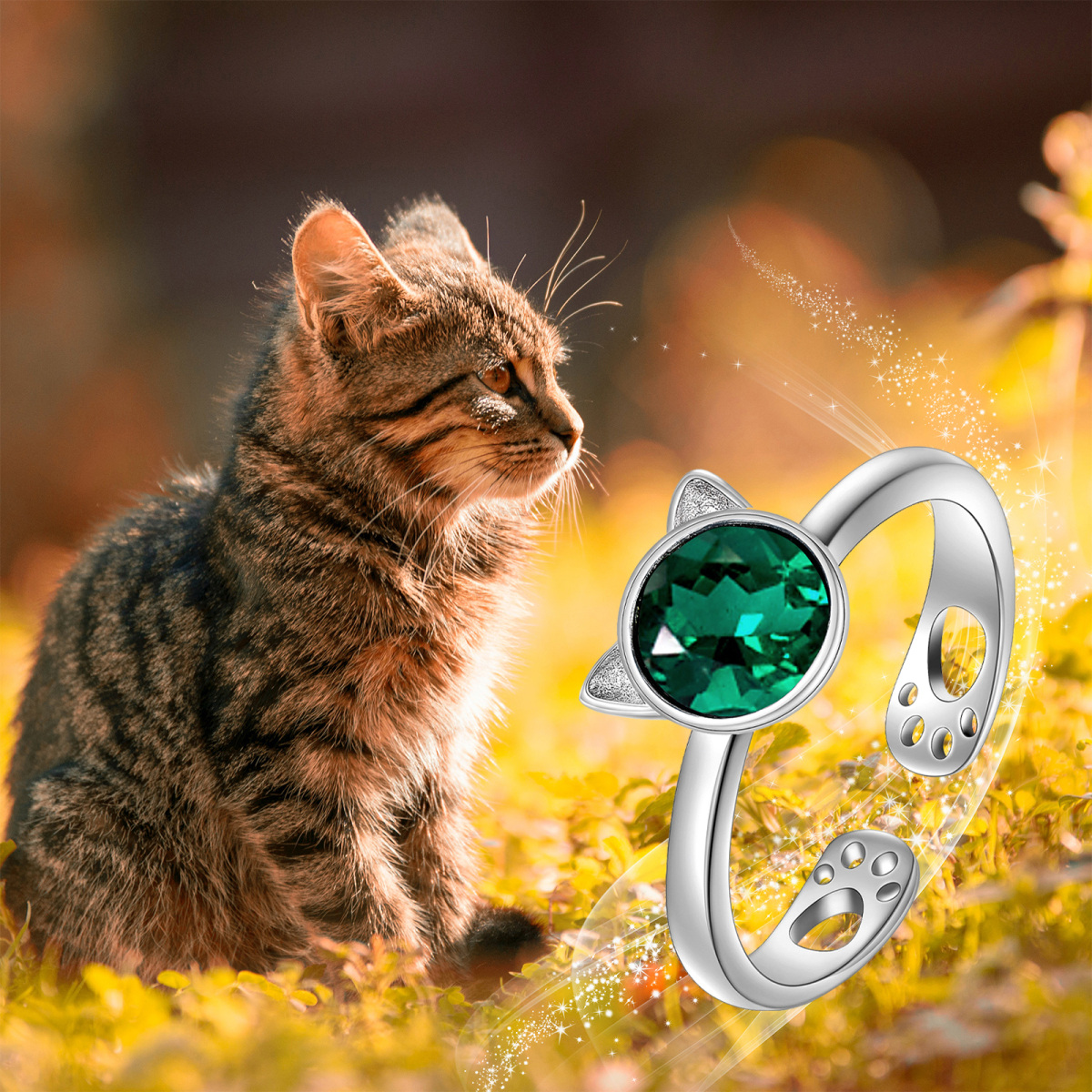 Sterling Silber kreisförmig Kristall Katze offener Ring-5