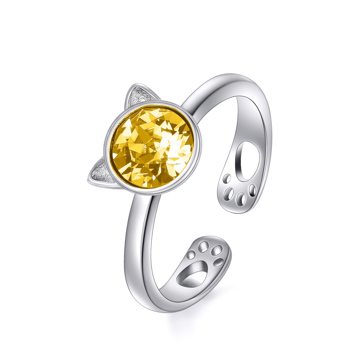 Sterling Silver Round Shaped Crystal Cat Open Ring-1